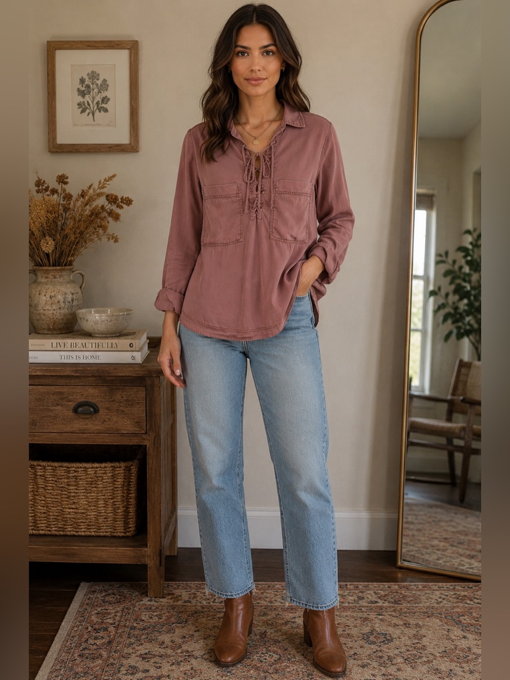 Free People Mauve Lace-Up Utility Blouse | Long Sleeve Collared Top | Size S